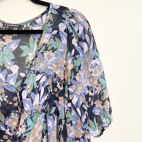 Express Women's Blue Floral V-Neck 3/4 Sleeve Tiered Cardigan Cover-Up Top Large - Picture 6 of 13